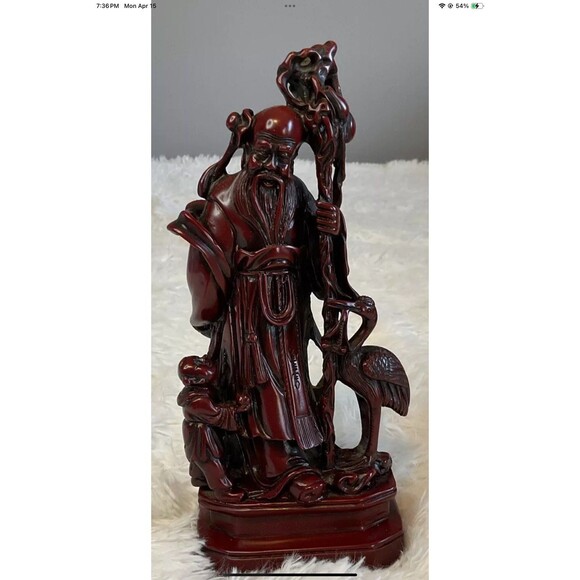 Chinese God Of Longevity Prosperity Carved Resin 10” Tall - Vintage New In Box - Picture 2 of 12